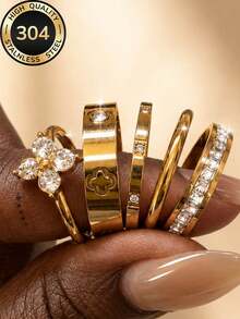 5pcs Stainless Steel Clover Ring Set, Waterproof And Colorfast, Elegant And Luxurious Gift For Women's Daily Wear, Parties And Banquets, Wedding Ring - Gold - View 11