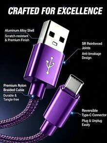 3入 USB Type C 快充數據線，兼容 Android 手機（3.3ft/6.6ft/9.9ft 尼龍編織），USB-A 轉 USB-C 充電線，適用於 及其他 Android 手機與設備，適合旅行/車內環境手機配件，紫色 - 紫+紅+藍 - 查看 4