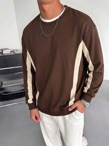 Men's Autumn/Winter Five-Star Print Colorblock Long Sleeve T-Shirt, Retro Football Style Casual Pullover - Brown - View 5