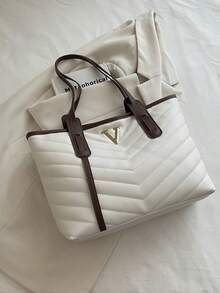 1pc White Large Capacity Contrast Color PU Quilted Tote Bag Women's Shoulder Bag - White - View 3