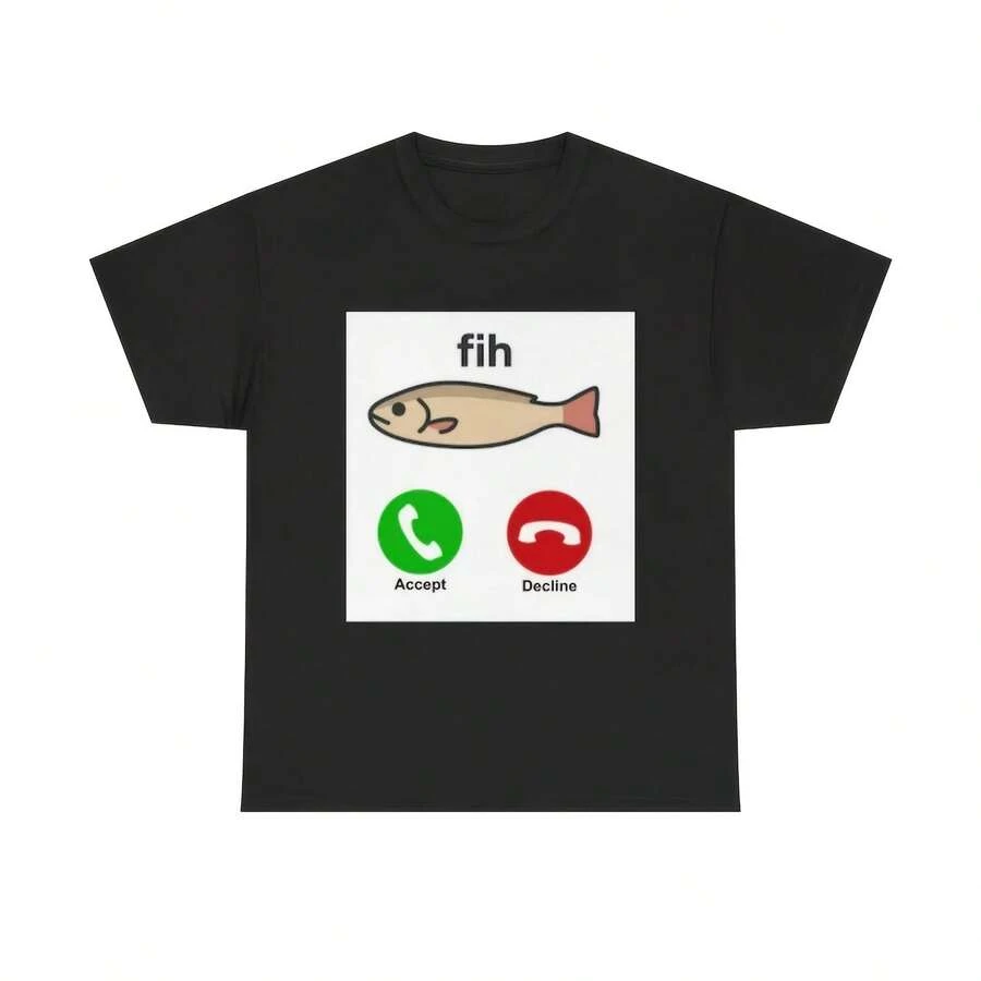 Fish Phone Simple Short-Sleeved T-Shirt For Women, Plus Size, Black, Comfortable, For Lounging At Home - 款式 - 查看 1