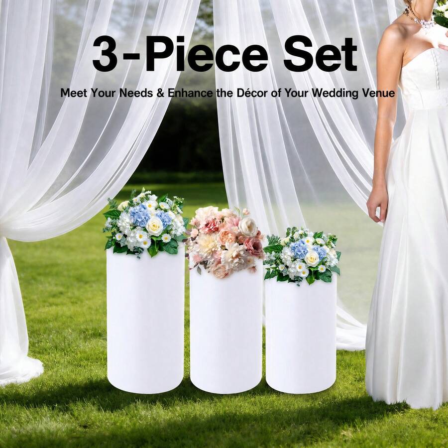 Pedestal Display Stand, Cylinder Pedestal Stand, 3pcs Pedestal Stand, 3Pcs Large Round Cylinder Tables For Parties Garden Decor(White) (NEED Assembly ) - 白色 - 查看 1