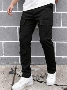 Tween Boys Black Casual Cargo Pants, Fashionable Multi-Pocket Trousers, Suitable For Spring/Summer - Black - View 11