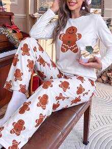 New Casual Minimalist Christmas Cute Gingerbread Man Print Women's Pajama Set - White - View 4