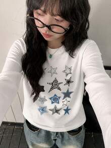 Y2K千禧風秋冬新款復古星星印花休閒寬鬆女款長袖T恤上衣 白色 - 白色 - 查看 2