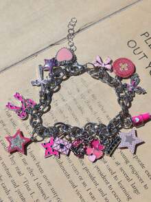 1pc Polka Dot Bow Heart Charm Bracelet, Leopard Print Star Bracelet, Cross Button Bracelet - Silver - View 7