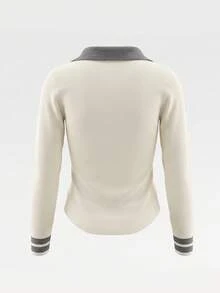 Atasan Lengan Panjang Kancing Warna Kontras Gaya Korea untuk Wanita, Desain Musim Gugur/Dingin, Potongan Ramping, Serbaguna, Sweater Rajut Musim Gugur - Aprikot - View 7