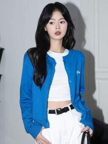 [Y6Y]Women's Solid Color Knitted Button Cardigan, Long Sleeve Letter Embroidery Loose Fit Thin Jacket, Autumn/Winter - Blue - View 6