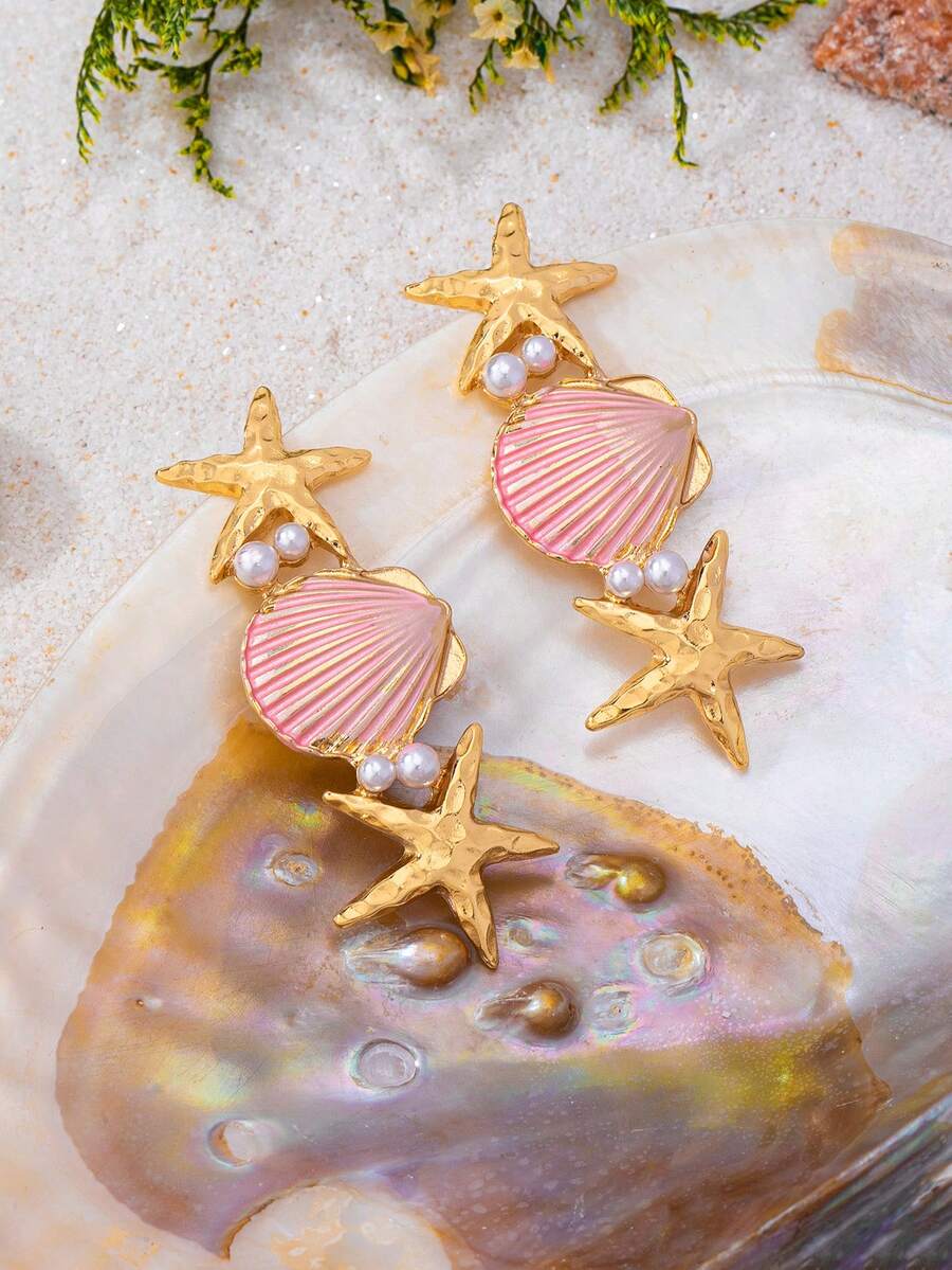 1對海洋度假風金屬琺瑯釉彩海星貝殼吊墜,適合女性海灘度假、派對及日常配戴 - 粉色 - 查看 1