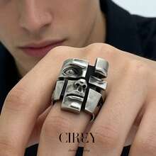 CIREY 1件復古個性化設計分開式面具仿泰銀戒指，百搭男士戒指適合日常配戴，情侶款 - 復古銀色 - 查看 9