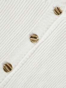 Women Autumn White V Neck Cable Knit Cardigan Gold Button Long Sleeve Loose Cropped Casual Going Out Tops - White - View 6