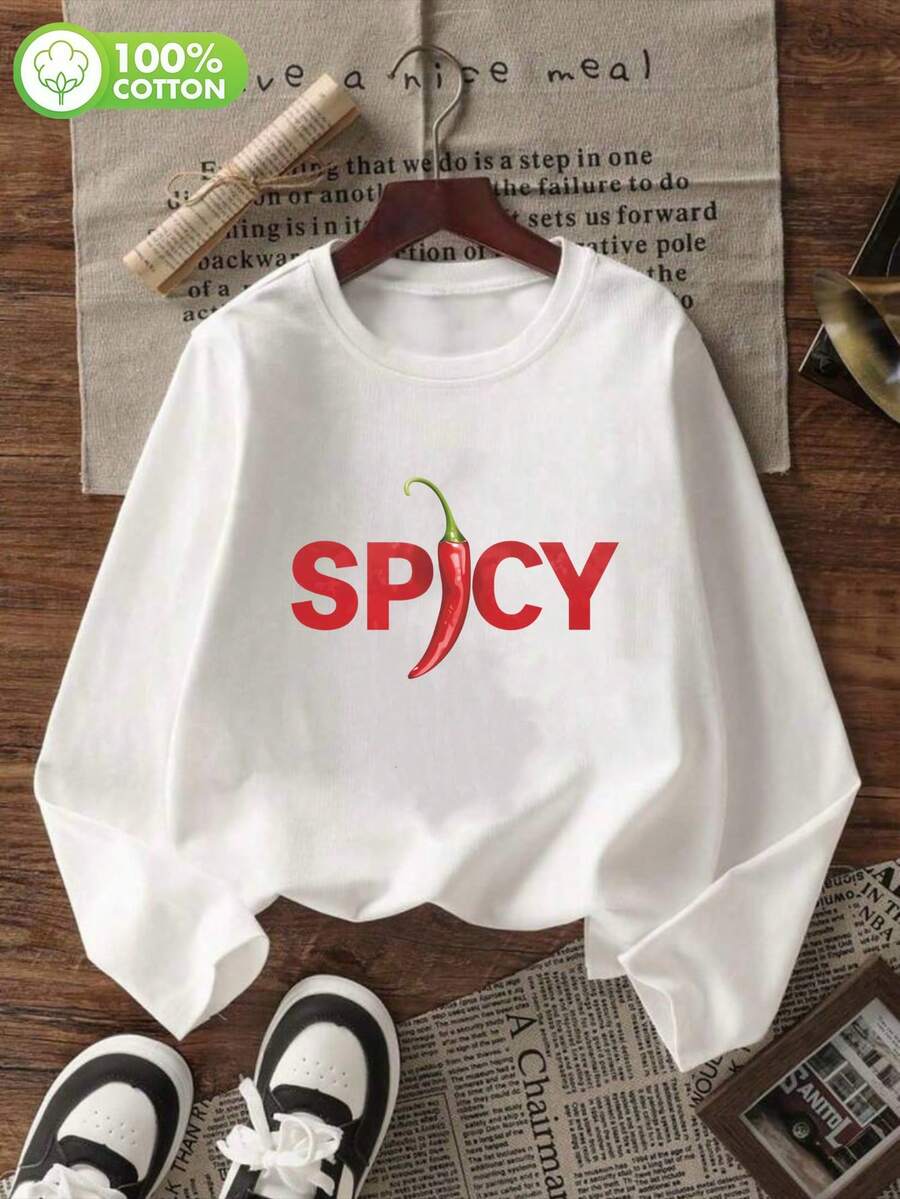 Girls' Base Shirt With Long Sleeves And White Top, Basic Pullover For Spring, Autumn And Winter, Short Style, Cartoon Floral Print Casual Daily Wear - White - View 1