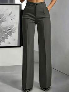 Pantalones de pierna recta de cintura alta de unicolor talla grande para ir al trabajo y la oficina - Gris oscuro 2 - Ver 1