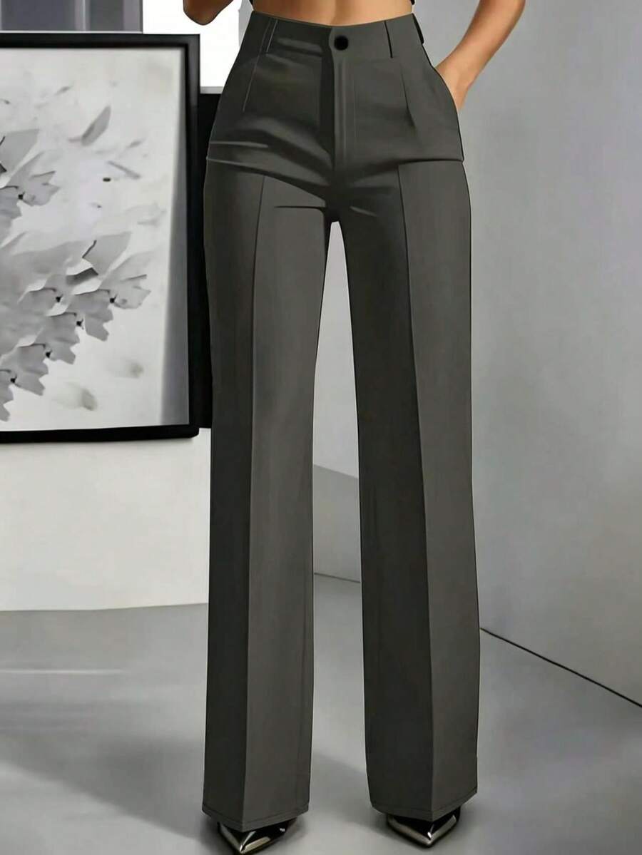 Pantalones de pierna recta de cintura alta de unicolor talla grande para ir al trabajo y la oficina - Gris oscuro 2 - Ver 1