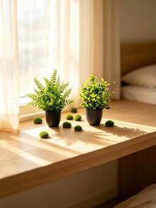Small Artificial Potted Plants/Faux Moss Stones (1, 2, Or 3 Piece Set) - Green Plants With Black Pots; Suitable For Home Decor, Office, Dining Table, Farmhouse Style Spaces, Patio And Bathroom. - Black - View 7