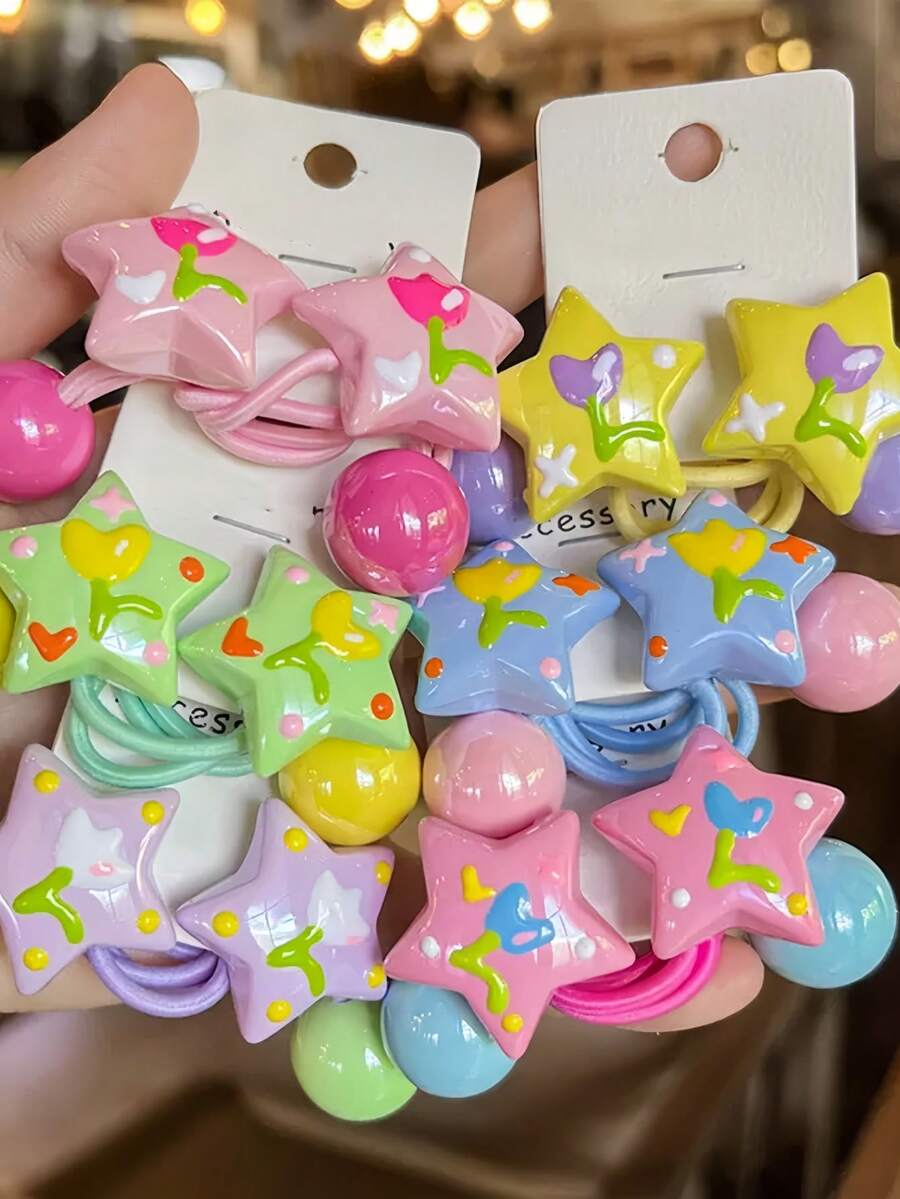 5入/1入彩色五角星卡通珠飾髮圈,可愛糖果色高彈性馬尾髮帶,學生開學與畢業季髮飾,學生禮物,耐用日常髮圈,附卡片拍照道具 - 彩色 - 查看 1