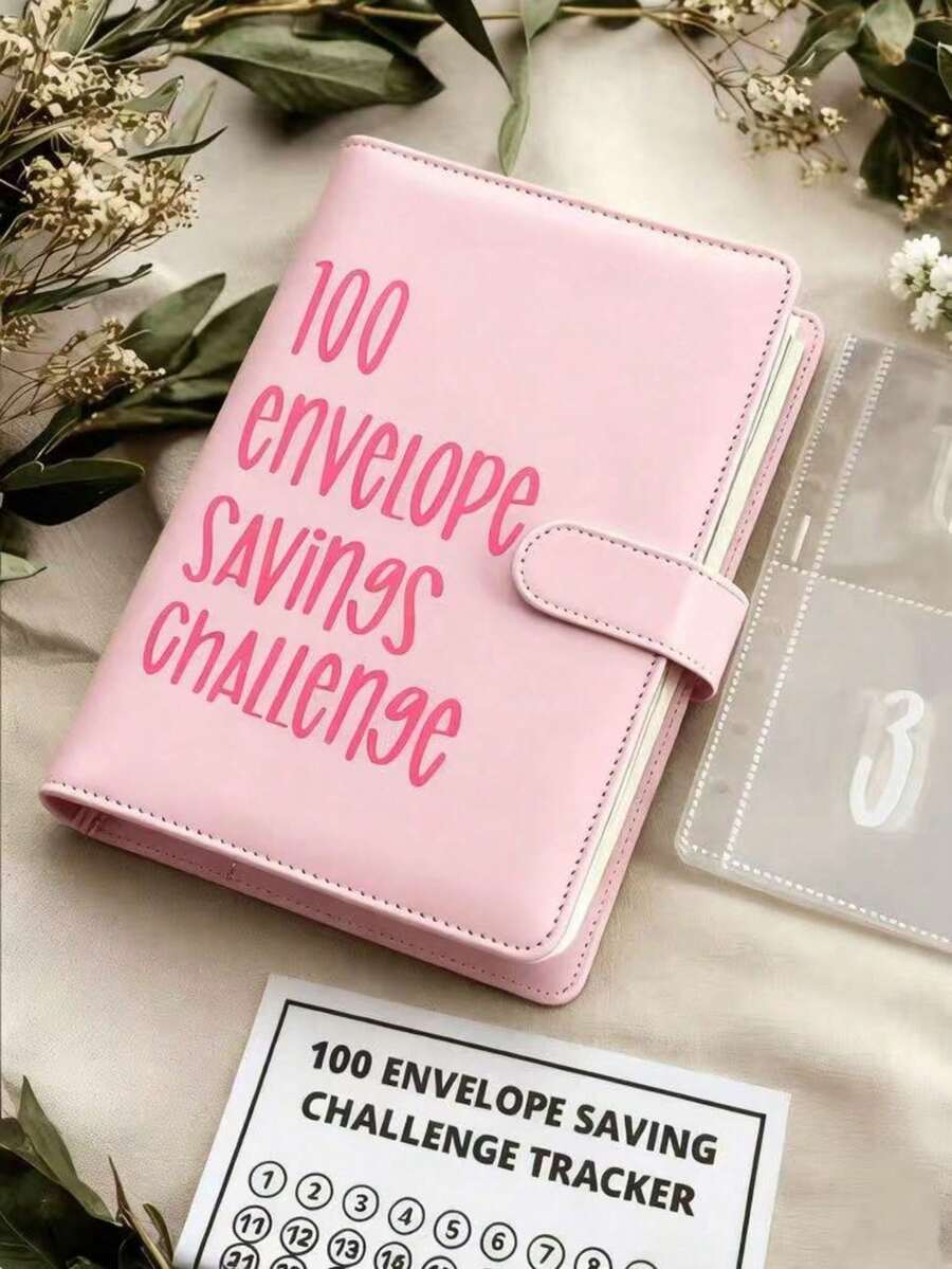 100 Cash Envelopes Savings Challenge Binder Budget Book, Simple And Fun $5,050 Savings Method, Storage Organizer Box, Money Box, Suitable For Back To School, Birthday, Graduation, Home Decor, Party Supplies, Halloween Gift - Pink - View 1