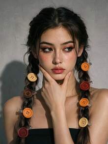 8入女款咖啡棕色大圓鈕扣髮夾，Y2K可愛單鈕扣側夾，瀏海髮飾，適合多種日常髮型 - 彩色 - 查看 4