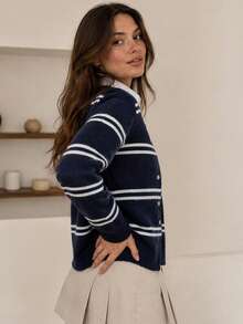 Wixra Navy White Striped Crew Neck Button Front Cropped Knit Cardigan, Casual Long Sleeve Sweater Jacket - Navy Blue - View 4
