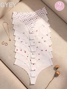 GYEY 9pcs Women's Floral & Heart Print Low Waist Thong Panties, Soft Elastic Cute Pattern Invisible Underwear XS-2XL - Multicolor - View 2
