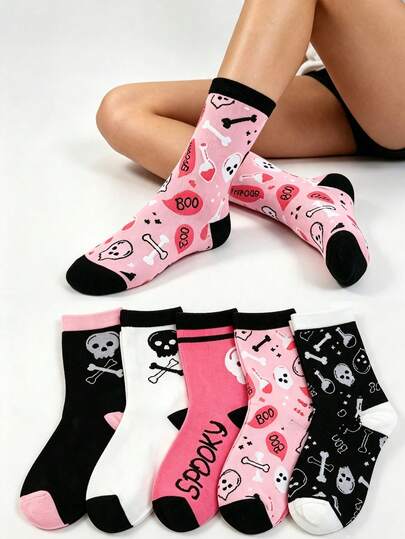 1/5 Pares de Calcetines de Tripulación con Huesos de Esqueleto de Halloween, Patrón Espeluznante Boo Gótico Lindo Rosa Negro para Mujeres