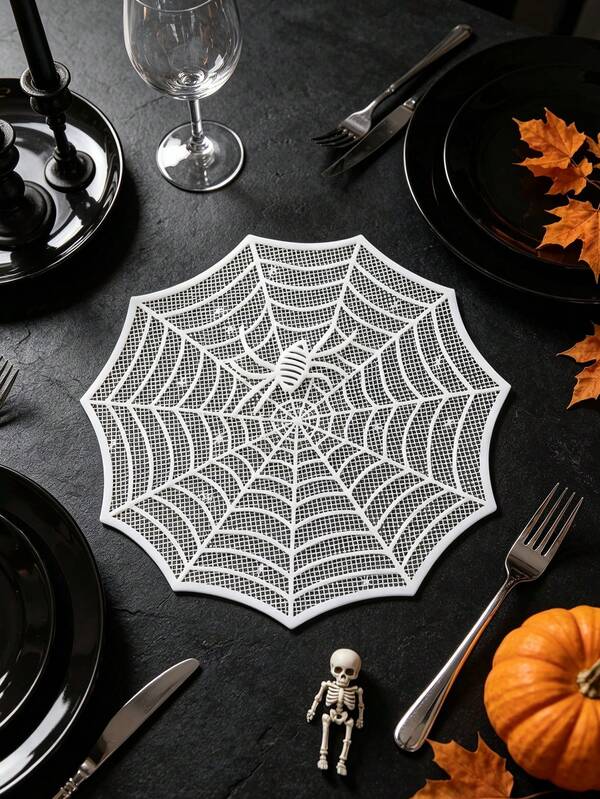 1/4/6pcs Spider Web PVC Gold Foil Placemats, Suitable For Wedding Party Table Decor, Halloween Placemats, Coffee Machine Mat, Non-Slip Heat-Resistant Mat, Suitable For Wedding Party, Holiday Celebration, Picnic Camping, Birthday Party Table Decor Placemats