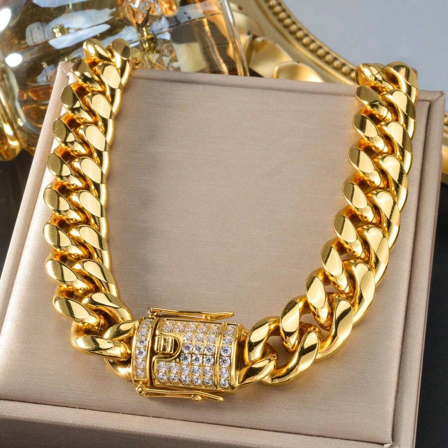 Thick Hip-Hop Fashion Street Style Thick Gold Cuban Chain Inlaid With Zirconia Necklace, Suitable Both Men Women, Suitable Daily Party Street Dance Wear - Gold - View 1