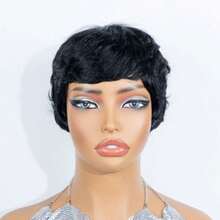 AMECIRE Straight Short Hair Wig Human Hair Wigs Pixie Cut Wig Black Wig With Bangs Fashionable Styling Elastic Mesh Cap Suitable For Everyday Wear - Natural Black - View 8