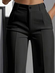 Pantalones casuales de primavera de unicolor con bolsillo y botón para mujer de talla grande, color negro - Negro - Ver 1