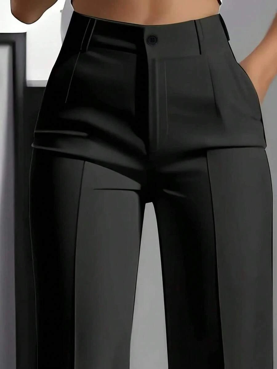 Pantalones casuales de primavera de unicolor con bolsillo y botón para mujer de talla grande, color negro - Negro - Ver 1
