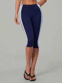 Sodalemon Women's Colorblock Seamless Front Fitness Cycling 7/9 Length Tight Leggings With Butt Lift Elastic Waistband For Running Pilates Yoga Workout - Blue - View 4