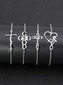 16pcs Stainless Steel Christian Cross, Faith, Amazing Grace, God Themed Bracelet, Necklace And Earring Set,  Pendant Jewelry - Silver - View 2