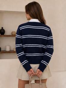 Wixra Navy White Striped Crew Neck Button Front Cropped Knit Cardigan, Casual Long Sleeve Sweater Jacket - Navy Blue - View 2