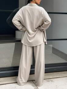 Women's 2-Piece Casual Sports Set, Long Sleeve Button-Up Shirt With Wide Leg Pants, Suitable For Running, Fitness, Outdoor And Daily Wear - Apricot - View 6