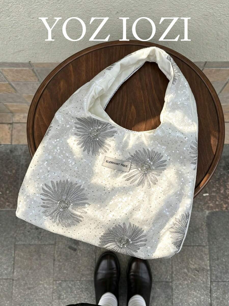 開學季小眾設計 Ins 風格 春季優雅雛菊亮片帆布腋下肩背包 大號 Hobo 流浪包 大容量女款托特肩背包 - 白色 - 查看 1