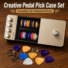 علبة حامل ريش الجيتار مع 22 ريشة سيلوليد بألوان عشوائية، صندوق تخزين بشكل دواسة تأثيرات قابل للانزلاق والفتح، 0.46/0.71/0.96 مم للجيتار الأكوستيك والكهربائي والباس واليوكوليلي - متعدد الألوان - مشاهدة 2