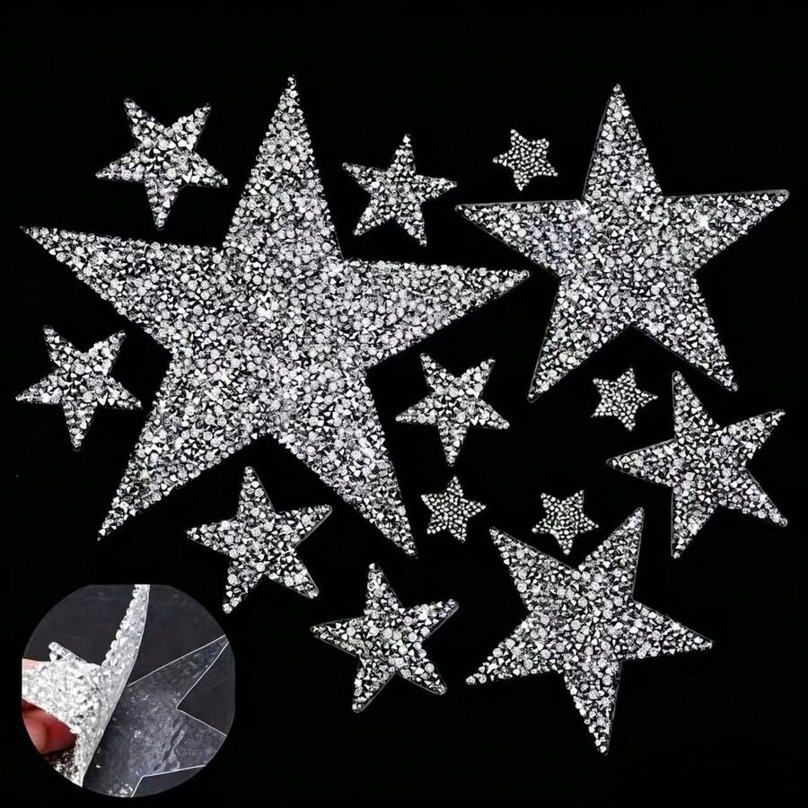 Adesivos de Aplicação de Strass em Formato de Estrela, Remendos de Cristal Brilhante com Adesivo Quente para Reparo de Roupas, Denim, Bolsas, Chapéus e Acessórios DIY (Filme Removível, Colagem Direta) Adesivos Artesanais Remendos Bordados Remendos Termocolantes Suprimentos de Costura DIY Remendos Termocolantes para Roupas - Vários estilos - Visão 1