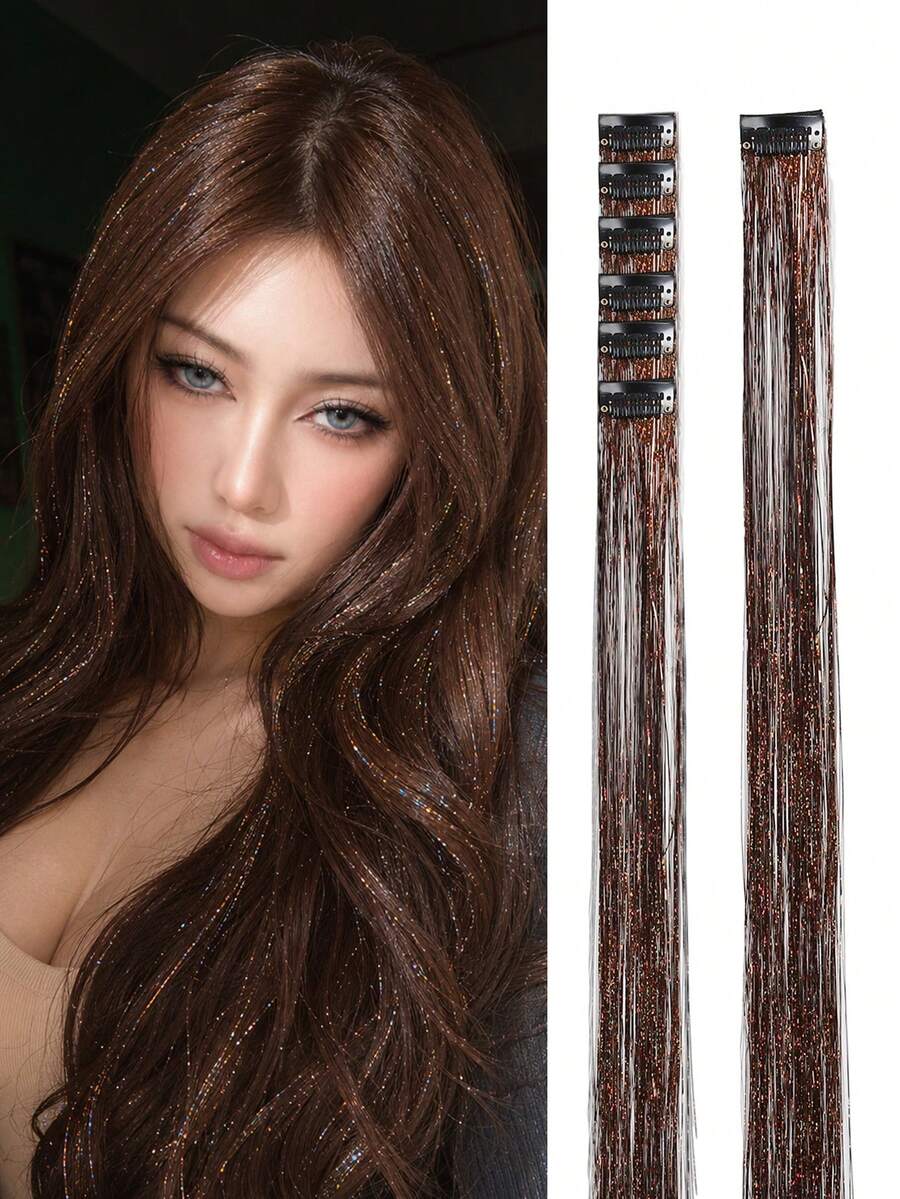 6件組 20英吋夾式亮澤接髮片,棕黑色配銅色與銀色亮粉,長直仙女風髮飾,女性易佩戴,適用萬聖節、聖誕節、節慶、派對與Cosplay - 銅色 - 查看 1