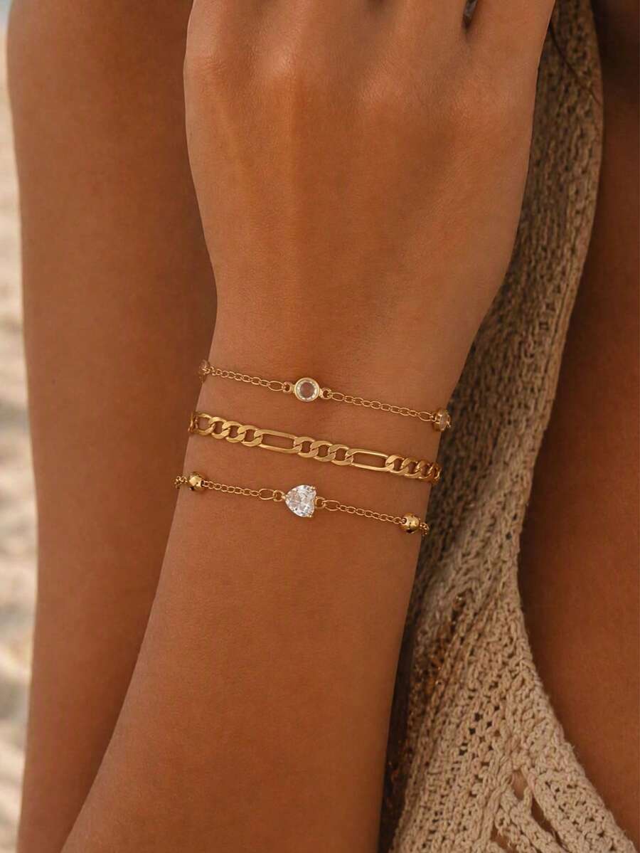 3pcs/Set Elegant Heart Rhinestone Layered Gold Bracelet Set, Fashionable Women's Hand Jewelry Suitable For Daily Wear, Dating, Vacation And Party - Gold - View 1