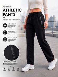Women's Solid Black Straight Leg Pants With Drawstring Elastic Waist And Zipper Pockets, Casual Everyday Trousers - Black - View 1