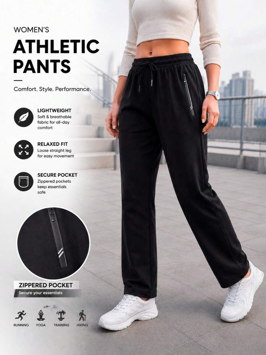 Women's Solid Black Straight Leg Pants With Drawstring Elastic Waist And Zipper Pockets, Casual Everyday Trousers - Black - View 1