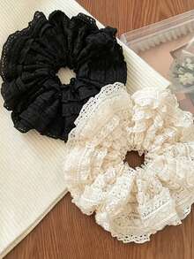 2PCS New French Style Premium Multi-Layer Lace Scrunchies, Large Hair Ties For Women, Ponytail Hair Accessories, Soft Slouchy, Exquisite Hair Decor - Multicolor - View 10