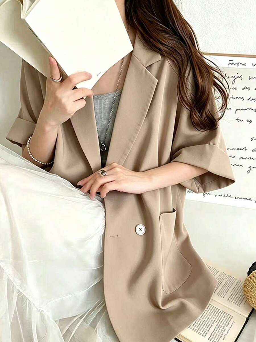 女款純色休閒通勤旅行西裝外套 夏季 - 駝色 - 查看 1