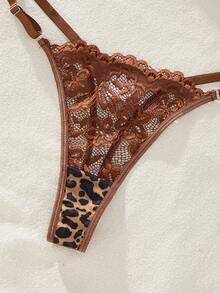 Women's 2-Piece Coffee Leopard Print Lace Floral Lingerie Set, Includes Soft Short Sleeve Pajama Top And Thong - Coffee Brown - View 5