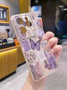 1pc Purple Butterfly Illustration Newspaper Camera Anti-Drop Phone Case UV Printed Compatible With Samsung/Galaxy/ Android Models - Beige - View 8