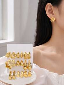 18pcs 9 Pairs Gold Tone Stainless Steel Stud Earrings Set For Women, Geometric Flower Shell Heart Earrings, Daily Vacation Party Jewelry - Gold - View 4
