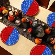 10pcs/20pcs/50pcs/80pcs Halloween Spiderweb-Themed Party Tableware Featuring Red And Blue Spiderweb Patterns; Includes Disposable Paper Plates, Napkins, And Cups Suitable For Halloween And Birthday Party Decorations. - Multicolor - View 3