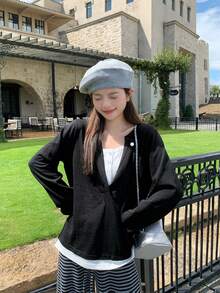 Black 2 In 1 Design Loose Long Sleeve T-Shirt Women's Early Spring New Casual Top - Black - View 2