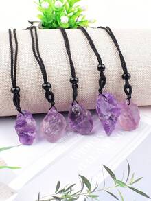 1pc Asymmetrical Natural Crystal Pendant Necklace With Adjustable Braided Rope Neck Chain, Amethyst & Aquamarine Healing Stone Decorative Jewelry, Unisex Gift - Light Amethyst Pendant - View 2