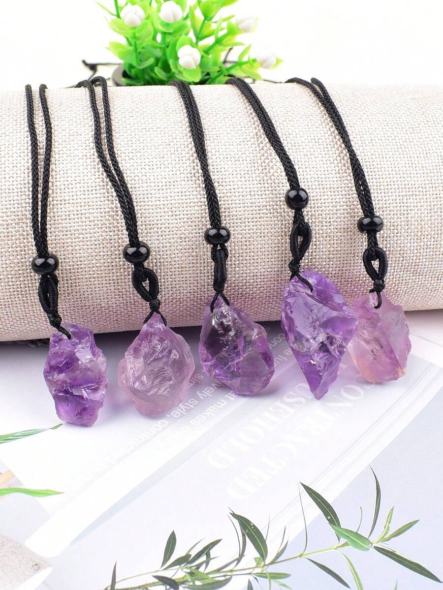 1pc Asymmetrical Natural Crystal Pendant Necklace With Adjustable Braided Rope Neck Chain, Amethyst & Aquamarine Healing Stone Decorative Jewelry, Unisex Gift